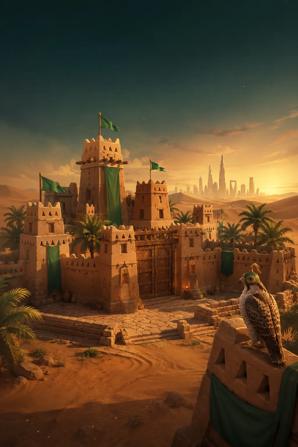 حصن نجدي من الطين عند الغروب، ونخيل ورايات خضراء، وصقر على السور، وأفق الرياض بعيداً.
